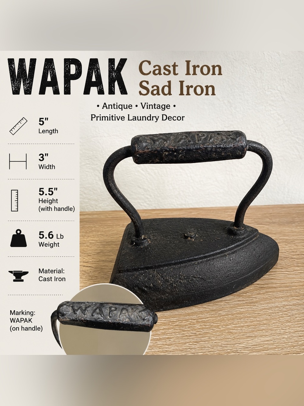 Vintage WAPAK #5 Cast Iron Sad Iron Antique Primitive Laundry Decor